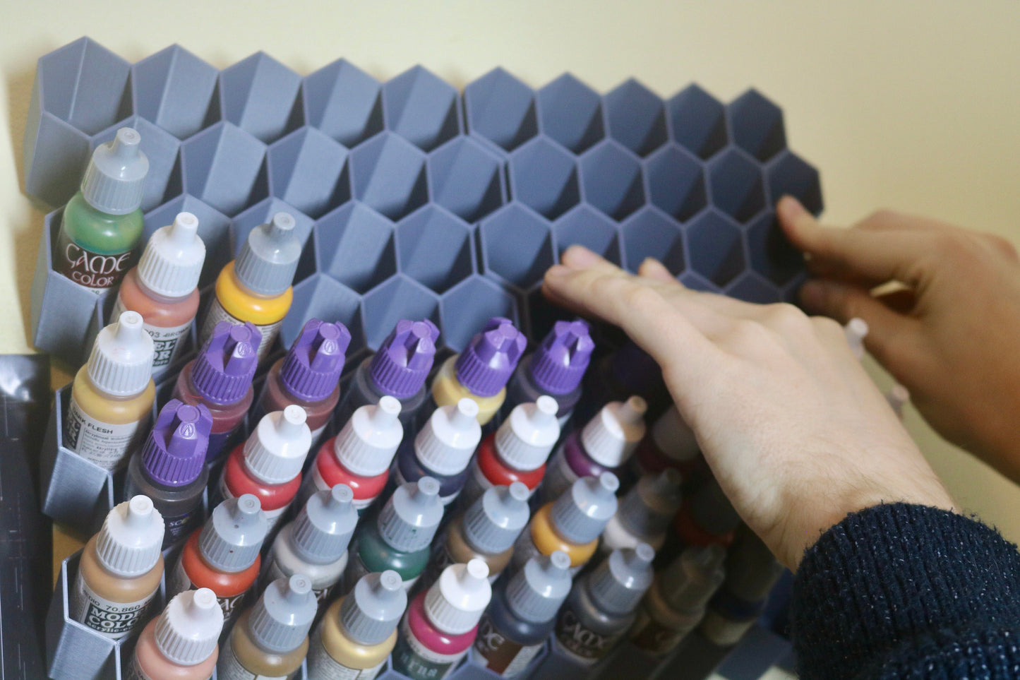 Stick on Hex wall paint holder/ storage Compatible with ArmyPainter Vallejo or any 28mm diameter dropper bottles