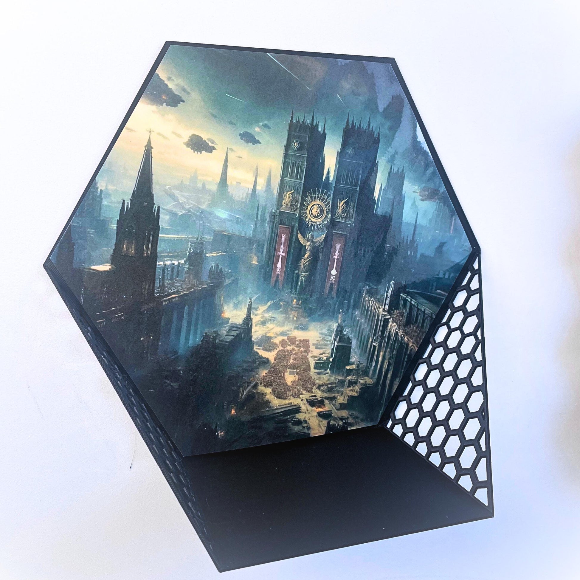 Extra Large Stick on Display Shelf with background. Ideal for Warhammer or other Miniatures and other collectables, for 60mm - 100 mm bases