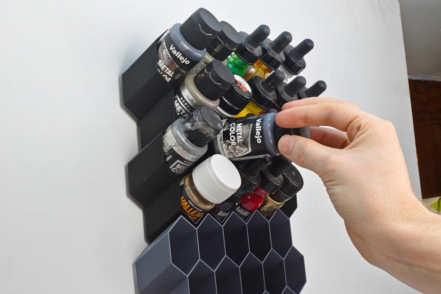 Hex Wall Paint Storage, perfect for Craft paint, Liquitex inks, AK Intractive, Vallejo metal Color, Pigments - Easy Stick-On Solution