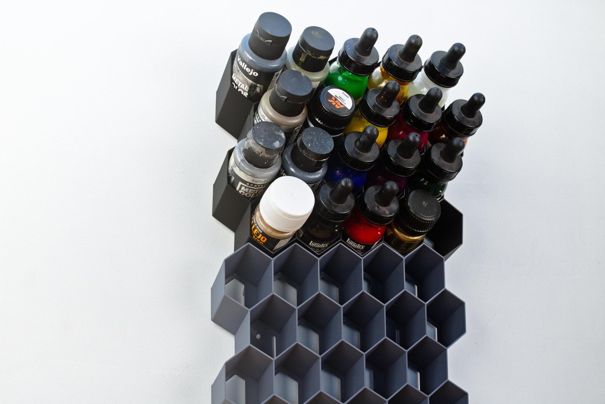 Hex Wall Paint Storage, perfect for Craft paint, Liquitex inks, AK Intractive, Vallejo metal Color, Pigments - Easy Stick-On Solution