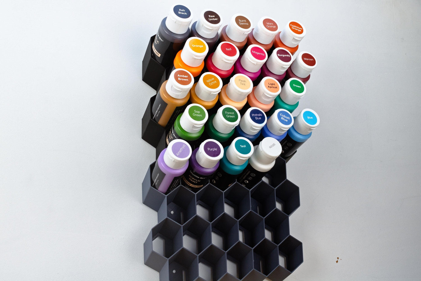 Hex Wall Paint Storage, perfect for Craft paint, Liquitex inks, AK Intractive, Vallejo metal Color, Pigments - Easy Stick-On Solution