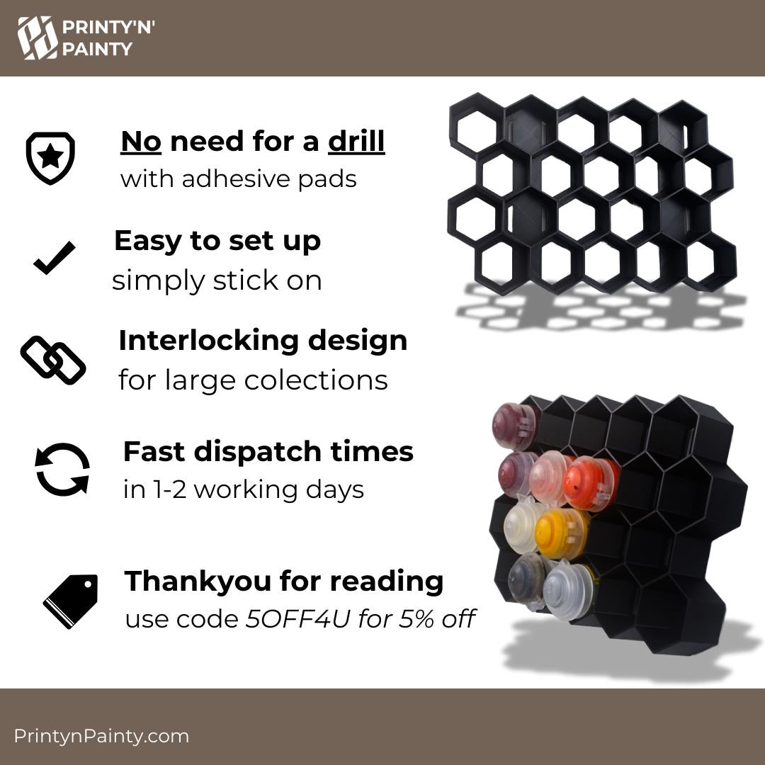 Stick-On Hex Paint Rack for 30mm Bottles – Fits Pro Acryl, P3, Golden | Wall-Mounted Storage for Miniature Painting Supplies