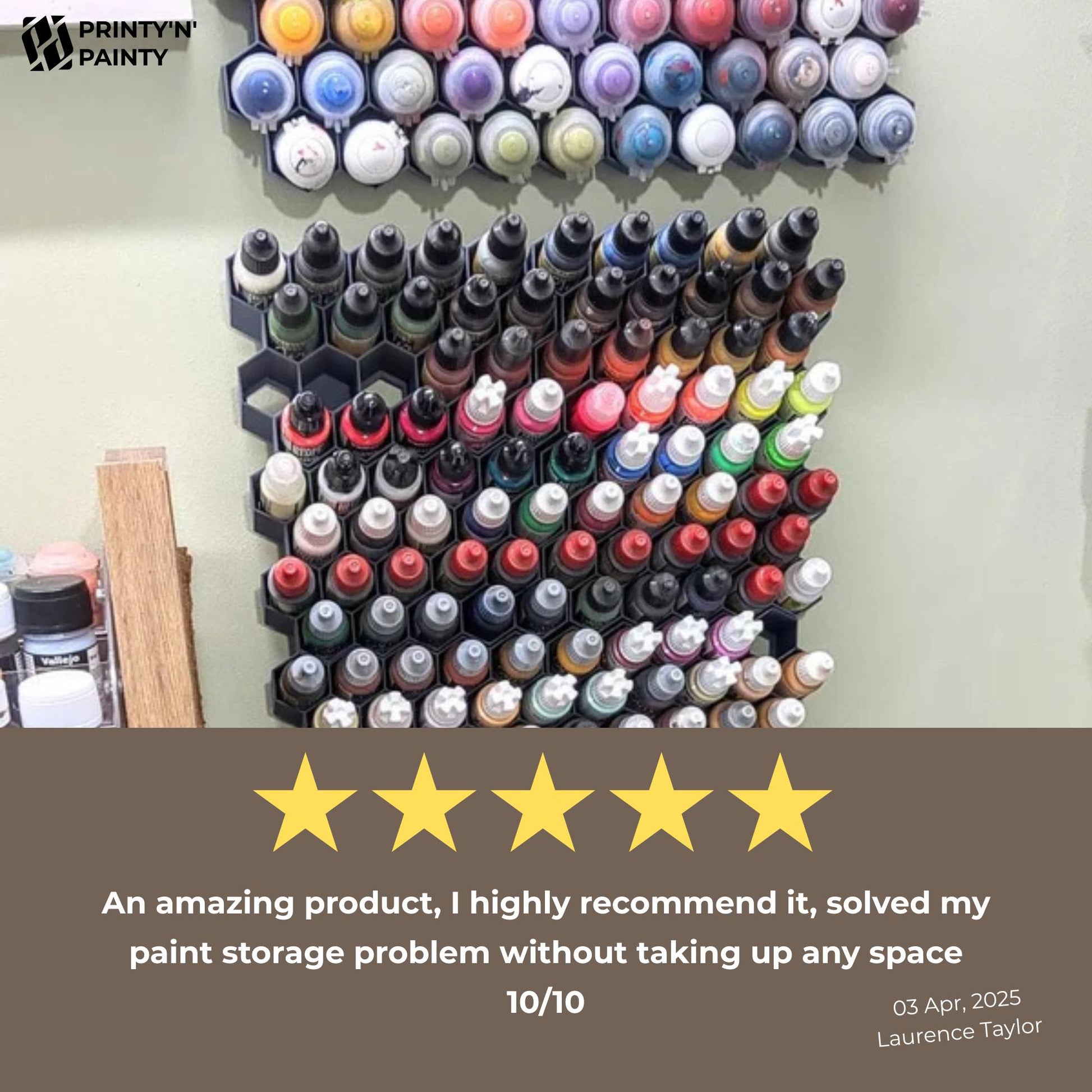 Stick-On Hex Paint Rack for 30mm Bottles – Fits Pro Acryl, P3, Golden | Wall-Mounted Storage for Miniature Painting Supplies