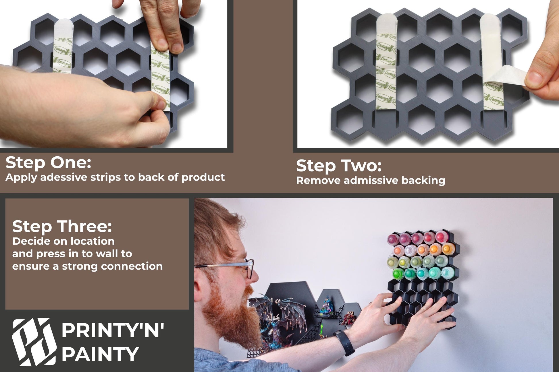 Stick-On Hex Paint Rack for 30mm Bottles – Fits Pro Acryl, P3, Golden | Wall-Mounted Storage for Miniature Painting Supplies