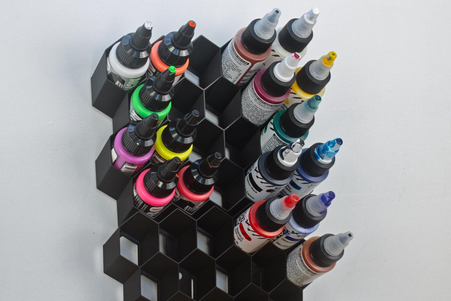 Stick-On Hex Paint Rack for 30mm Bottles – Fits Pro Acryl, P3, Golden | Wall-Mounted Storage for Miniature Painting Supplies