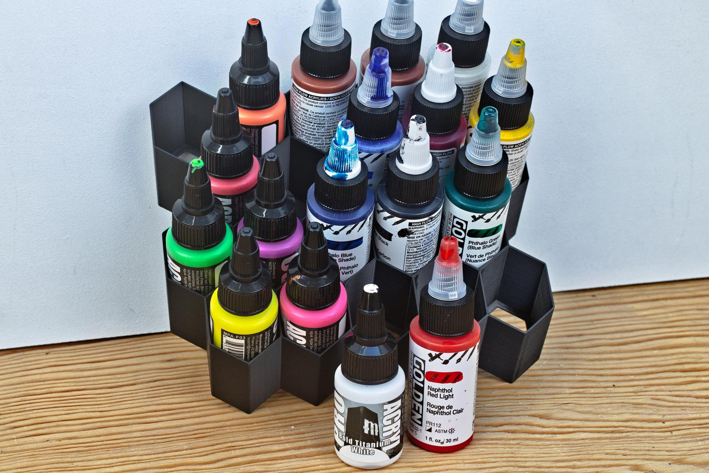 Stick-On Hex Paint Rack for 30mm Bottles – Fits Pro Acryl, P3, Golden | Wall-Mounted Storage for Miniature Painting Supplies
