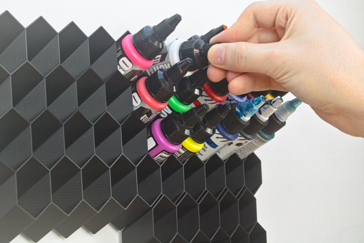 Stick-On Hex Paint Rack for 30mm Bottles – Fits Pro Acryl, P3, Golden | Wall-Mounted Storage for Miniature Painting Supplies