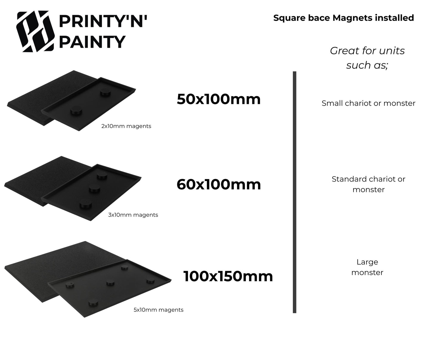 Warhammer Square Bases with N52 Magnets – Magnetic Model Transport Solution | 25mm to 100x150mm Sizes | PLA Wargaming Base Set