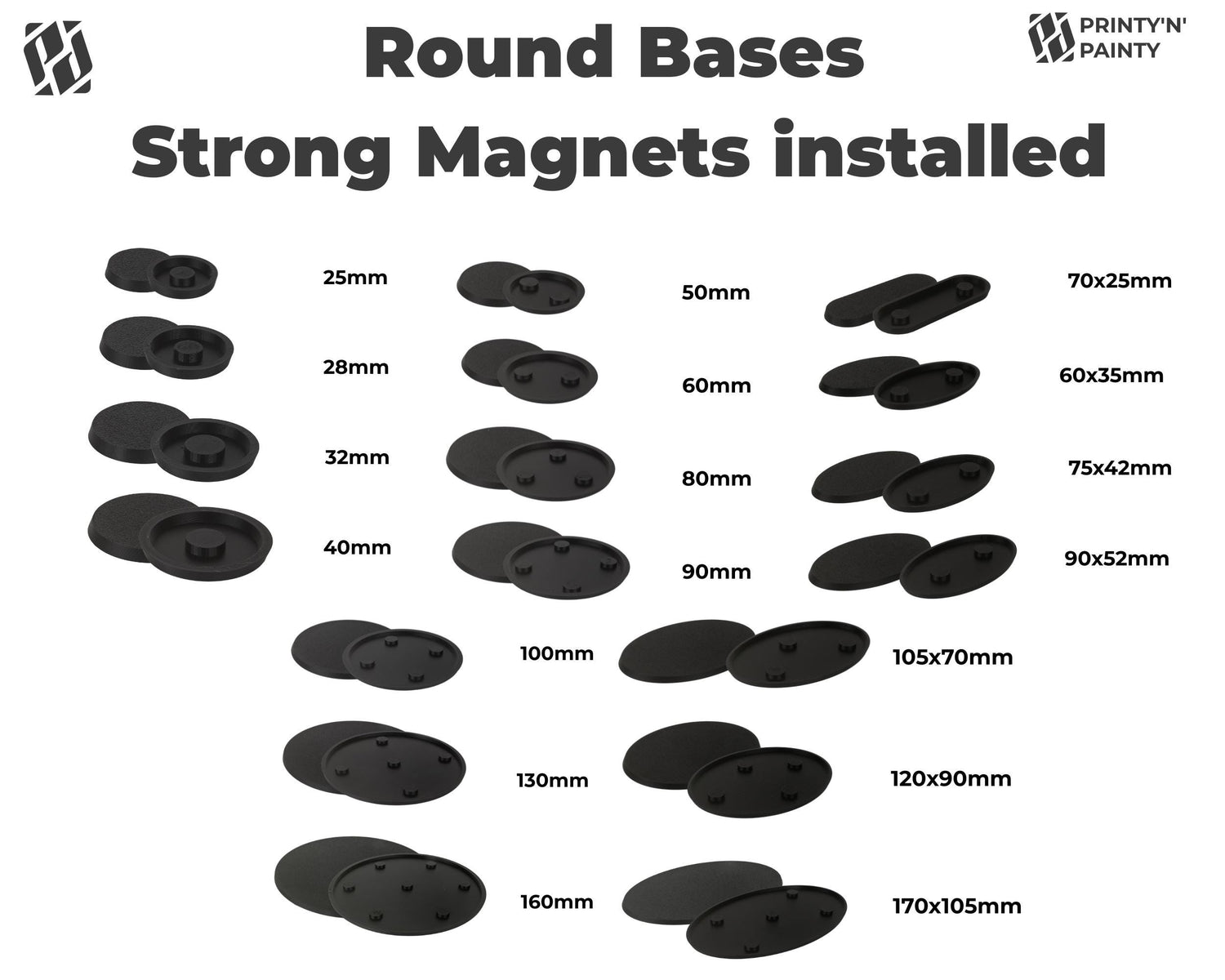 Magnetized Round Bases with N52 Magnets – Warhammer Compatible | Secure Storage & Transport | 25mm–160mm Sizes | PLA Wargame Base