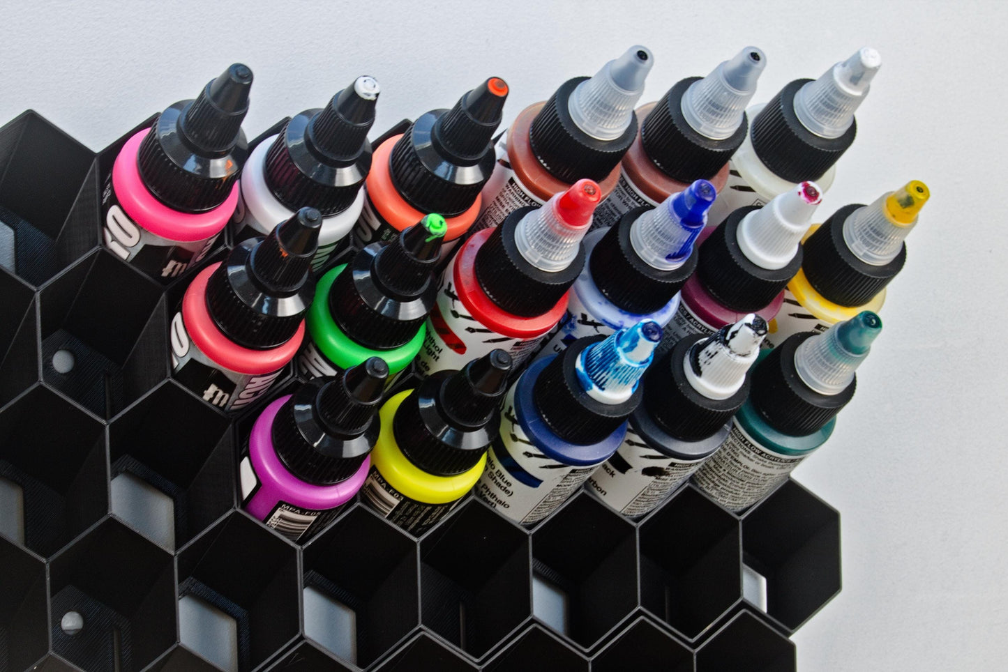 Stick-On Hex Paint Rack for 30mm Bottles – Fits Pro Acryl, P3, Golden | Wall-Mounted Storage for Miniature Painting Supplies