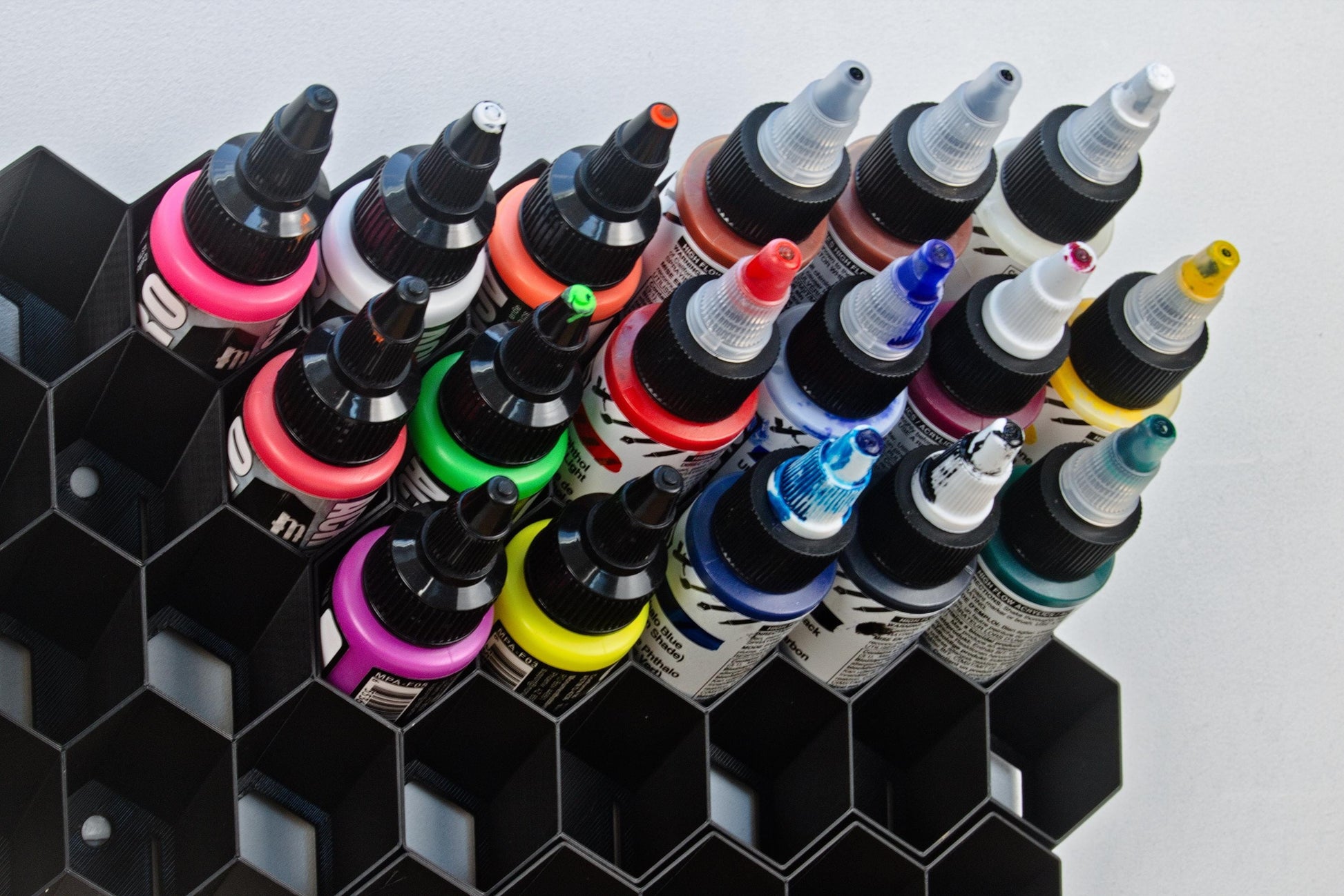 Stick-On Hex Paint Rack for 30mm Bottles – Fits Pro Acryl, P3, Golden | Wall-Mounted Storage for Miniature Painting Supplies