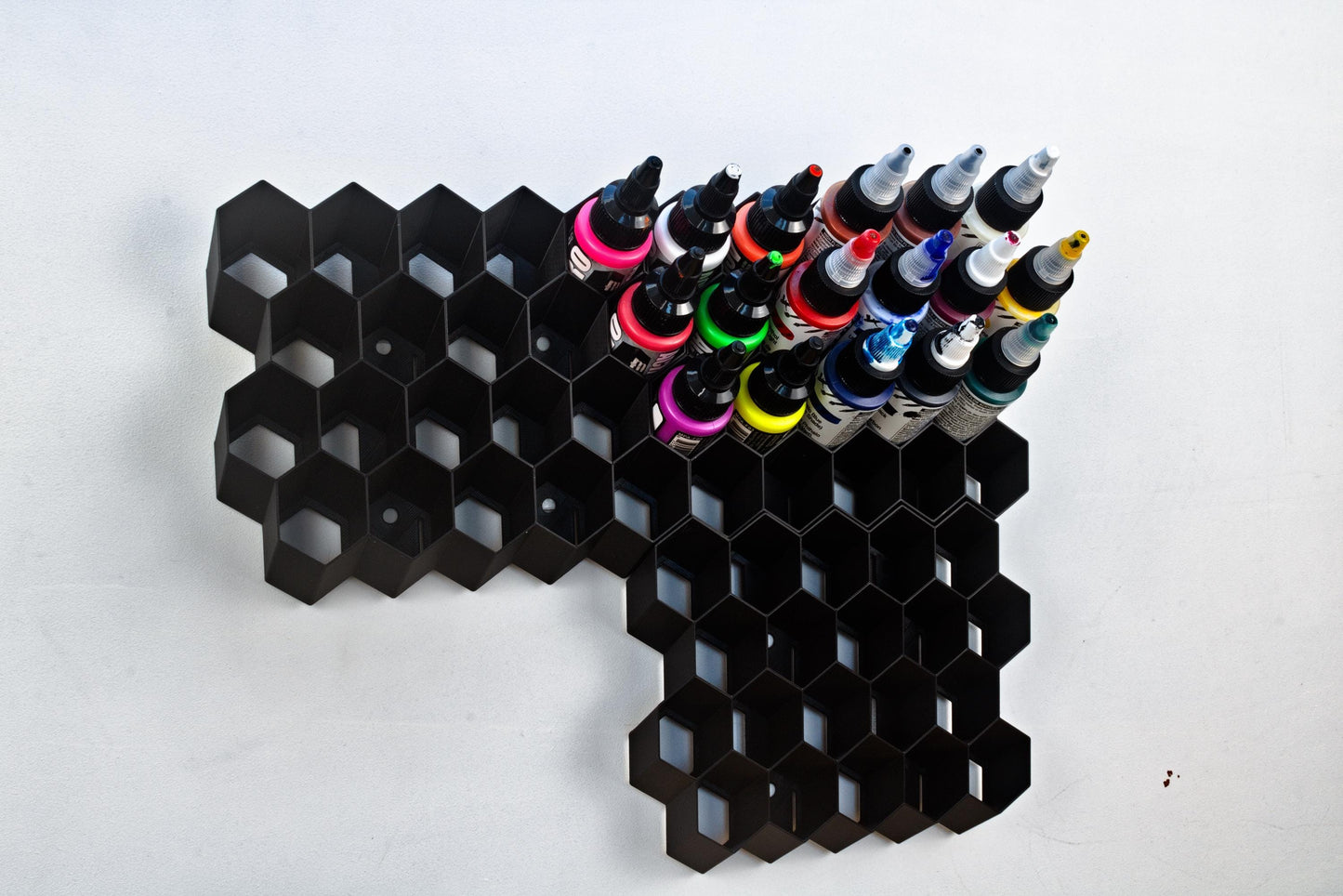 Stick-On Hex Paint Rack for 30mm Bottles – Fits Pro Acryl, P3, Golden | Wall-Mounted Storage for Miniature Painting Supplies