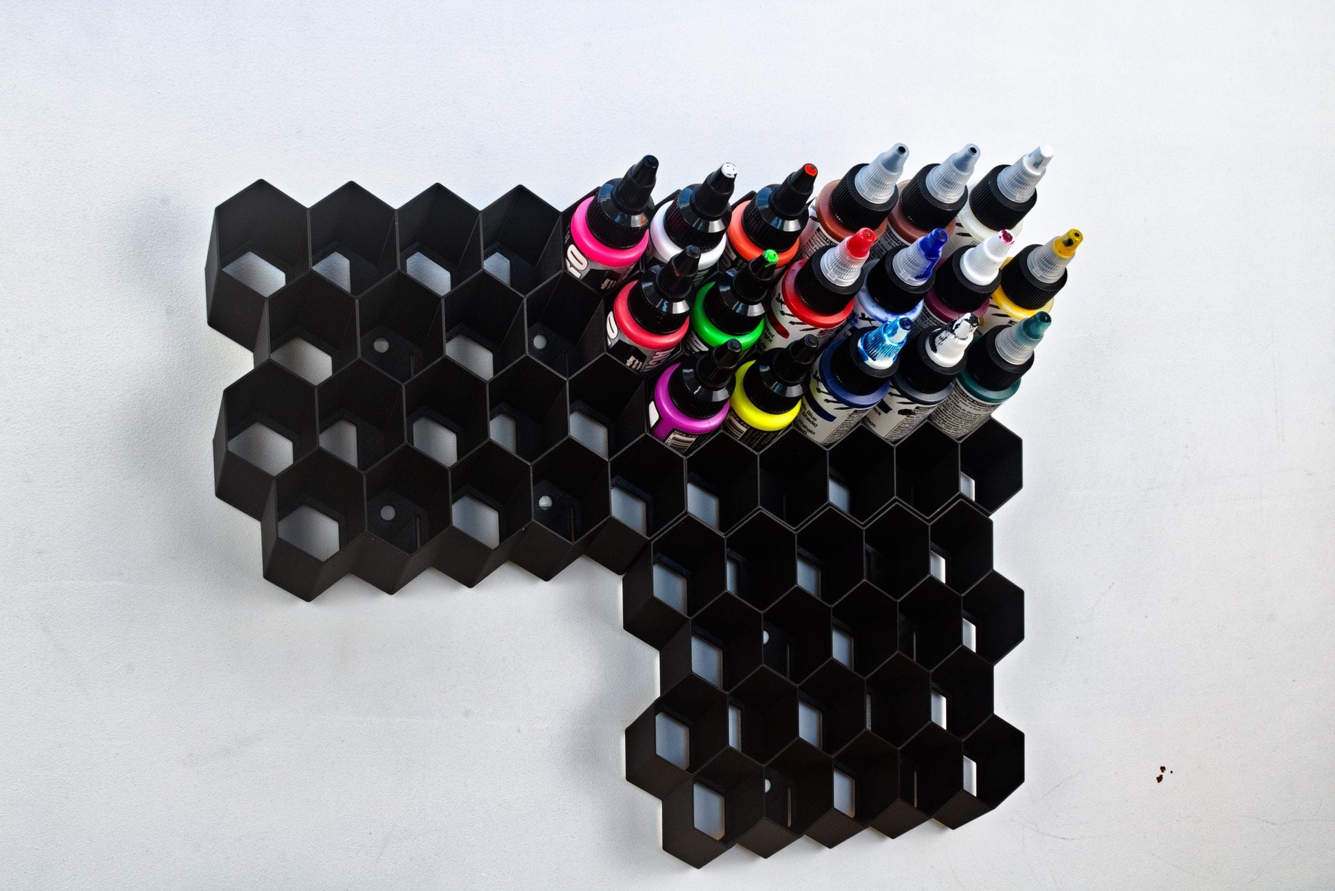 Stick-On Hex Paint Rack for 30mm Bottles – Fits Pro Acryl, P3, Golden | Wall-Mounted Storage for Miniature Painting Supplies