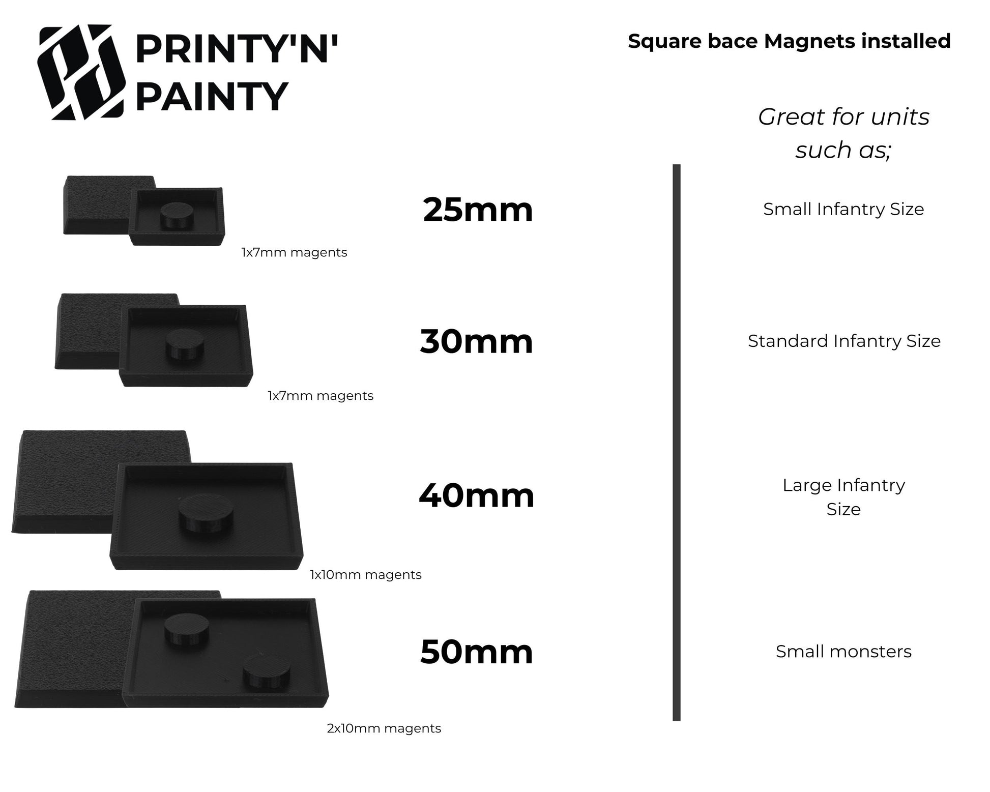 Warhammer Square Bases with N52 Magnets – Magnetic Model Transport Solution | 25mm to 100x150mm Sizes | PLA Wargaming Base Set