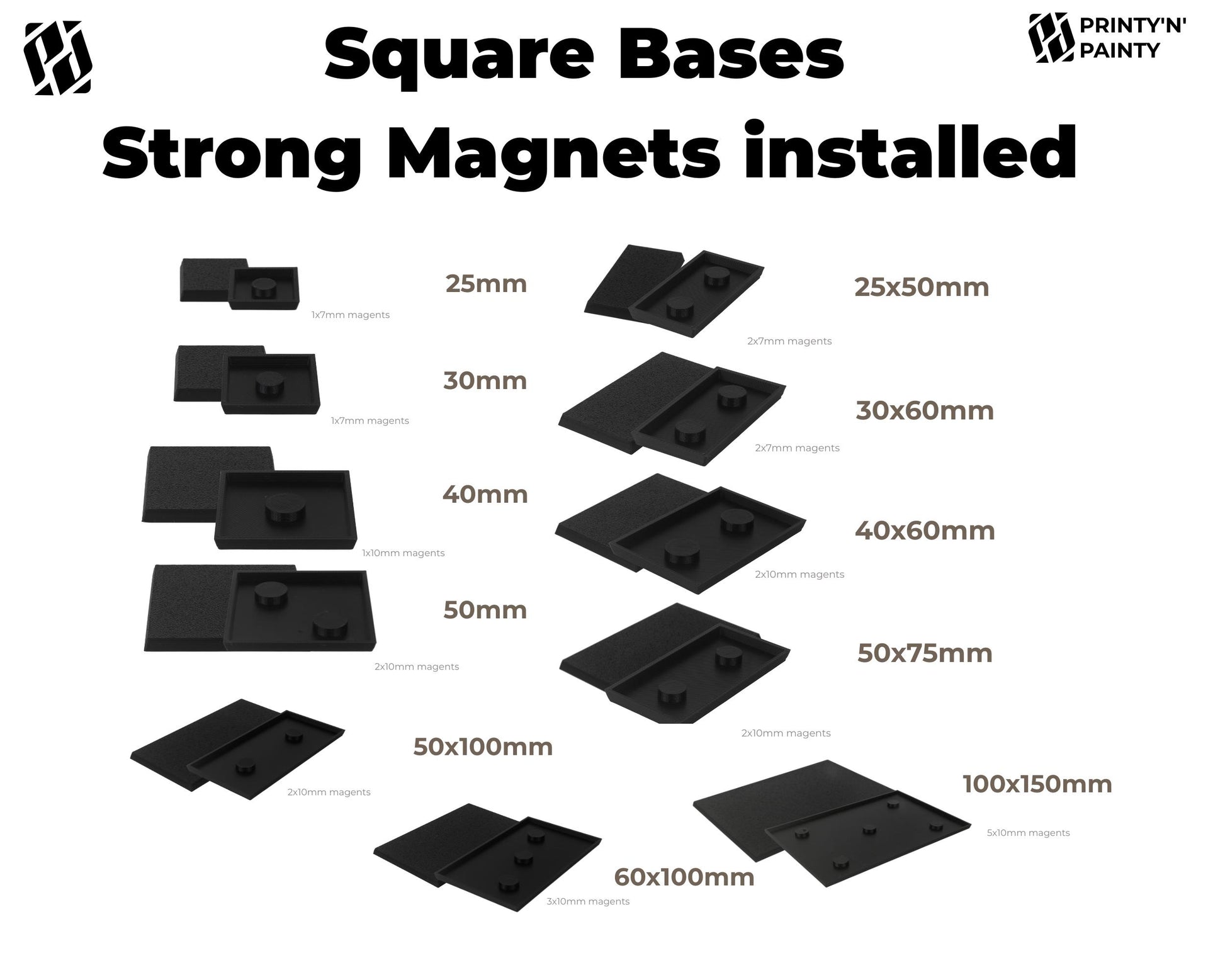 Warhammer Square Bases with N52 Magnets – Magnetic Model Transport Solution | 25mm to 100x150mm Sizes | PLA Wargaming Base Set