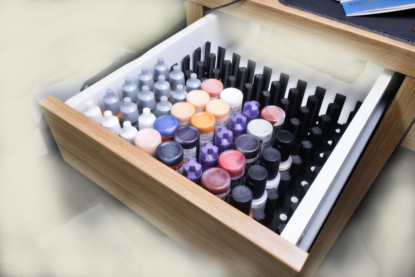 28mm Dropper Bottle Drawer Organizer | Miniature Paint Holder Storage for Vallejo, Army Painter & Scale75